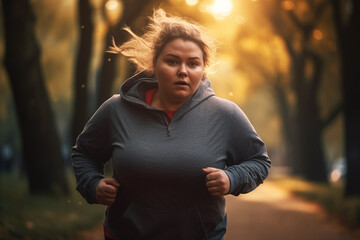 Fat woman on morning running in park. Fat girl with big belly on jogging for weight loss. Lady overweight sprinter to lose fat. Obese female on Fitness for weight loss. Weight loss, body positive - obrazy, fototapety, plakaty