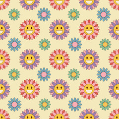 Fototapeta na wymiar Flower seamless pattern with groovy daisies in trendy retro 70s style. Vector illustration