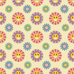 Flower seamless pattern with groovy daisies in trendy retro 70s style. Vector illustration