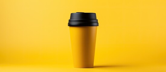 Reusable coffee thermos cup with lid for hot beverages, ideal for taking away in cold weather. Yellow background, eco-friendly design. Bring your own mug concept. - obrazy, fototapety, plakaty
