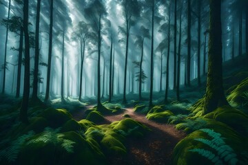 A serene forest landscape with a misty, otherworldly atmosphere