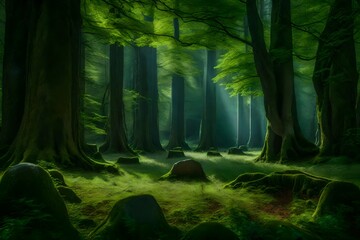 A tranquil forest glen with ancient trees surrounding a forgotten stone circle - obrazy, fototapety, plakaty
