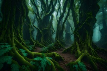 A primordial forest with massive, twisted trees and hanging vines