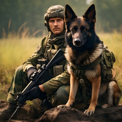 Military soldier with a german shepherd.  A dog in war concept. 
