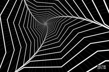 Abstract Black and White Pattern with Stairs. Banner of Polygonal Texture Octagon Tunnel. Geometric Psychedelic Background. Vector. 3D Illustration