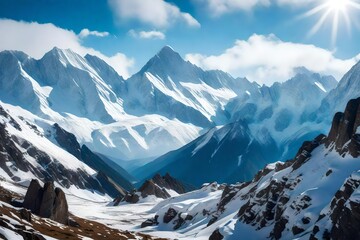 Fototapeta na wymiar A stunning mountain vista with a crisp, blue sky and snow-capped peaks
