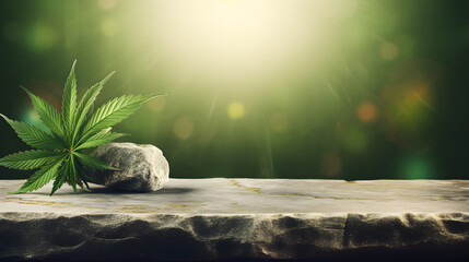 Harmonische Komposition: Grüne Marihuana-Pflanze auf Steintisch für Hanfölprodukt-Montage - KI generiert Mockup Background - obrazy, fototapety, plakaty