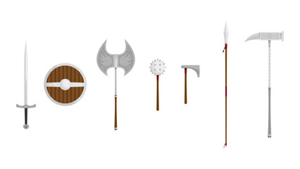 A large set of detailed medieval weapons isolated on a white background. Included: sword, shield, mace with spikes, axe, battle axe (labrys), spear, steel hammer. Vector illustration.