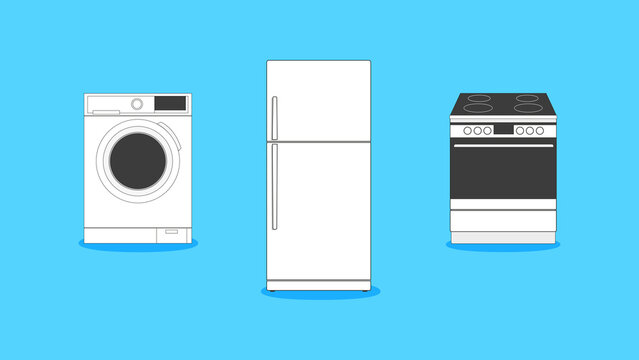 A set of three household appliances a washing machine, a refrigerator and an eleA set of three household appliances: a washing machine, a refrigerator and an electric stove. White kitchen ctric stove.