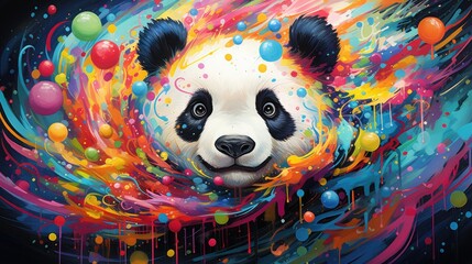 Portrait of a panda with many colorful dots 
