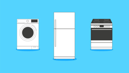 A set of three household appliances: a washing machine, a refrigerator and an electric stove. White kitchen appliances. Correct proportions and modern design. Vector illustration.