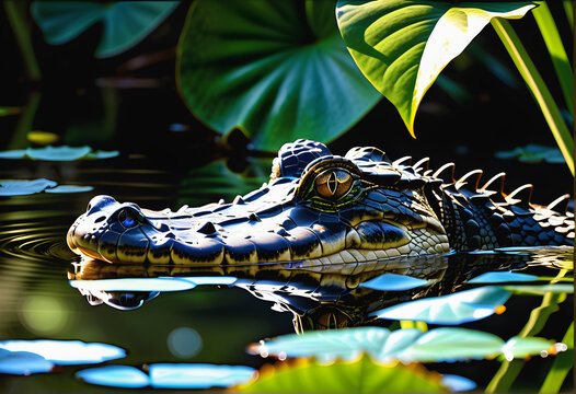 A detailed image showcasing the textured skin and sharp teeth of a caiman during sunbathing