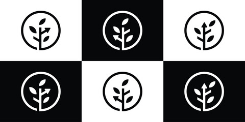 Tree Gowth Logo Designs. Circle Tree Leaf and Arrow with Minimalist Style. Icon Symbol Vector Design Template.