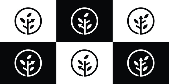 Tree Gowth Logo Designs. Circle Tree Leaf and Arrow with Minimalist Style. Icon Symbol Vector Design Template.