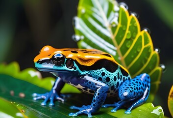 An intriguing image capturing a poison dart frog perched on a damp leaf in its vibrant habitat