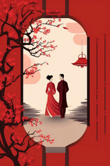 Romantic Illustration of a Couple, Flowering Trees, Traditional Lantern and Ancient Asian Structures