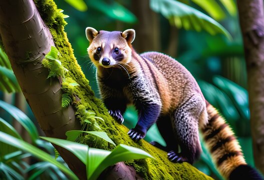 A delightful image capturing the playful and adventurous spirit of a coati climbing in its natural habitat.