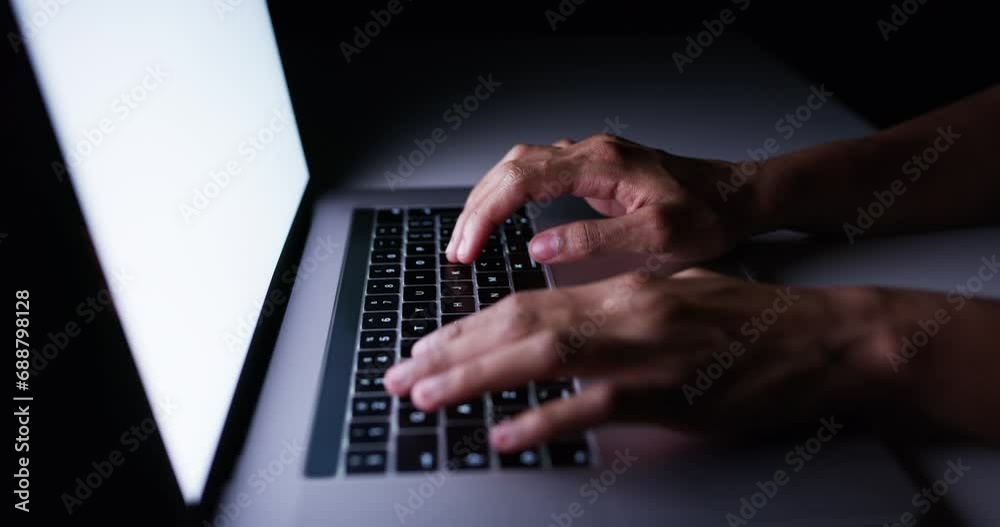 Poster laptop, night and hands typing on a keyboard with a business person at work in an office late in the