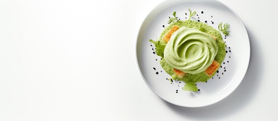 Avocado mousse topping over salmon tartare, seen from above. - obrazy, fototapety, plakaty