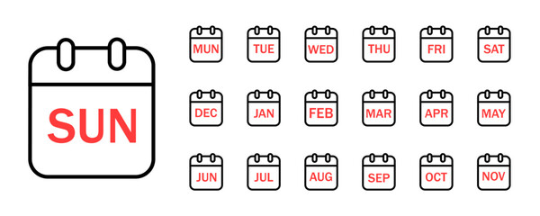 Calendar icons for each day of the week. Set of black calendar icons with red inscriptions of days. Vector illustration on a white background, eps10 - obrazy, fototapety, plakaty