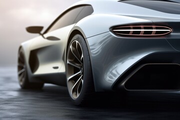 The picture shows the rear end of a sleek silver sports car. This image can be used to showcase the...