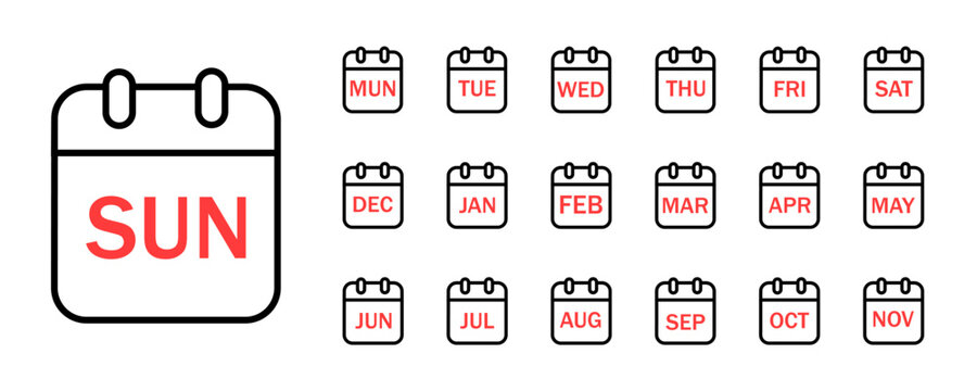 Calendar icons for each day of the week. Set of black calendar icons with red inscriptions of days. Vector illustration on a white background, eps10