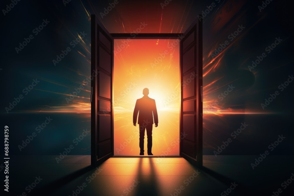 Poster a man standing in front of an open door, ready to embark on a new adventure