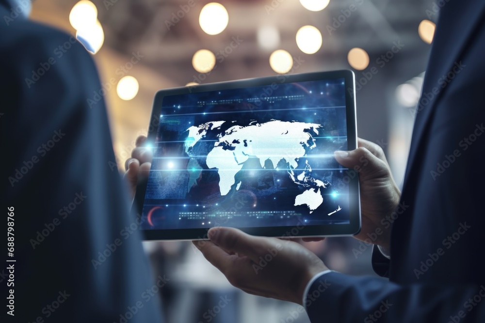 Poster A person is seen holding a tablet with a world map displayed on the screen. This image can be used for various purposes