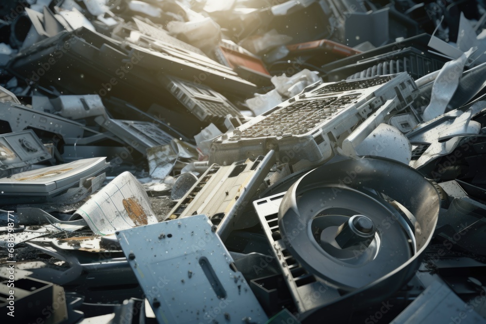 Poster a pile of electronic equipment sitting on top of a pile of rubble. versatile image suitable for tech