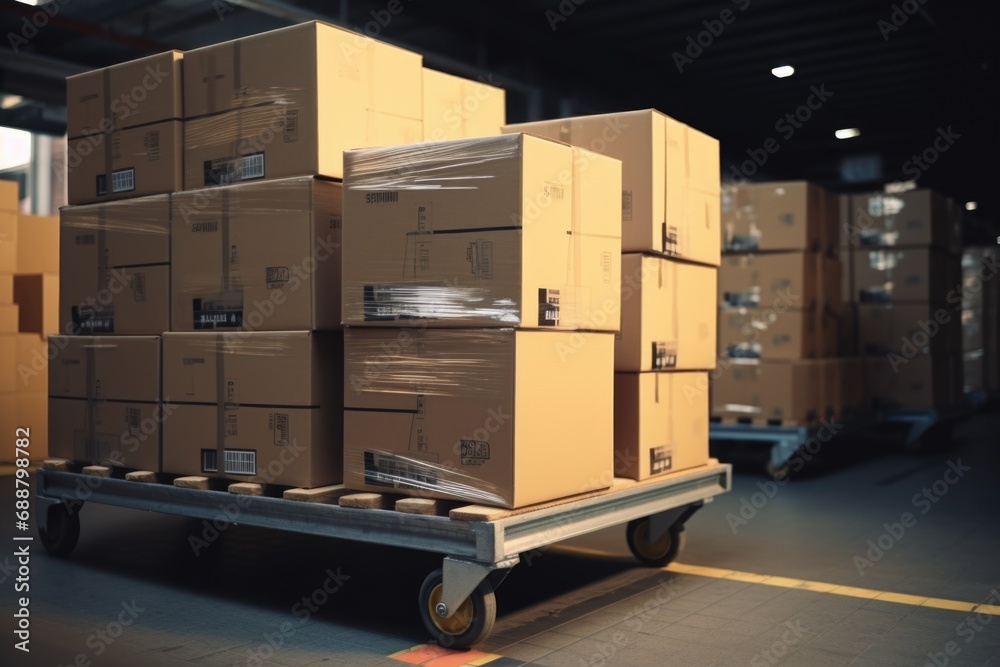 Poster a dolly truck with boxes on it in a warehouse. versatile image for various business and logistics co