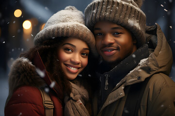 a couple in love walks under the snowfall. boyfriend and girlfriend. - obrazy, fototapety, plakaty