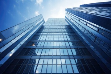 A picture of a tall glass building against a beautiful sky background. Suitable for corporate, urban, and architectural themes