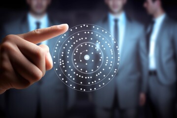 A man in a suit pointing at a circle with dots on it. Suitable for business presentations or educational materials