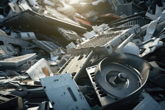 A pile of electronic equipment sitting on top of a pile of rubble. Versatile image suitable for technology, disaster, and recycling themes