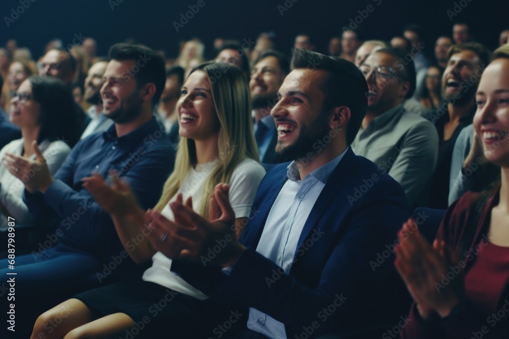 Poster a group of people sitting in front of a large crowd. this image can be used to depict a variety of s