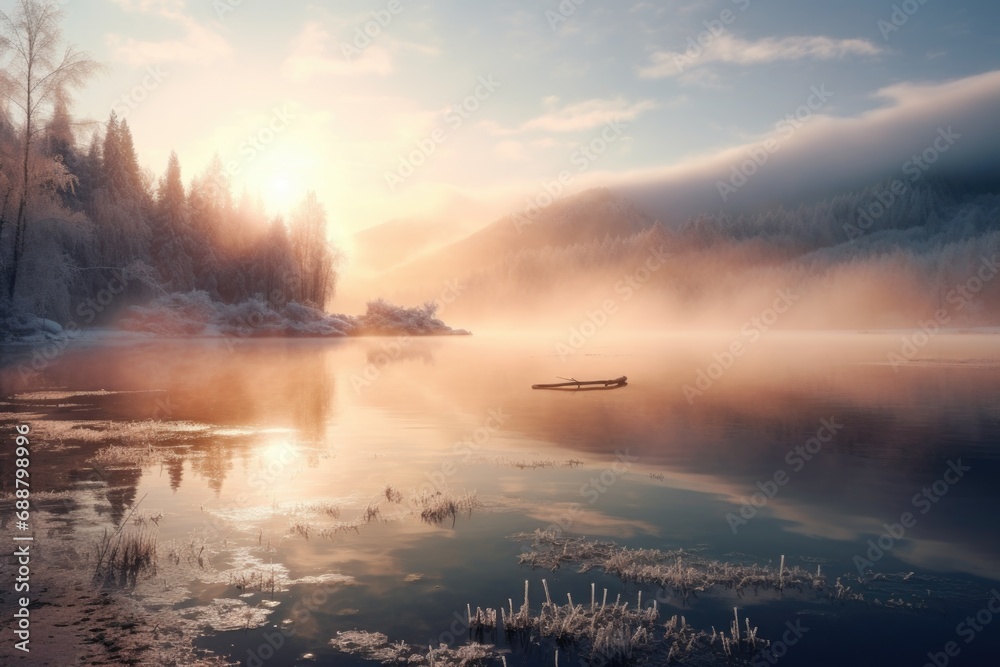Poster a serene image of a boat peacefully floating on top of a lake, surrounded by a lush forest. perfect 