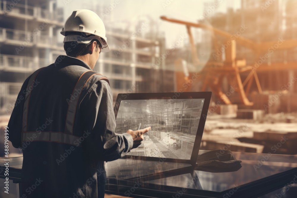 Poster A man wearing a hard hat is focused on a computer screen. This image can be used to illustrate concepts related to technology, construction, engineering, or work safety