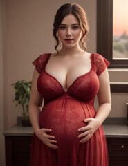 pregnant girl in a red lace dress in a room - obrazy, fototapety, plakaty