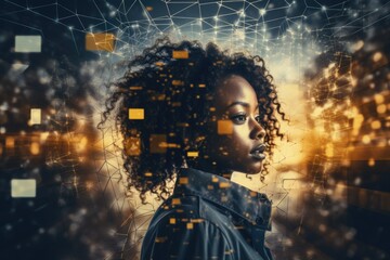 A woman with curly hair standing in front of a digital background. Perfect for technology and digital-themed projects