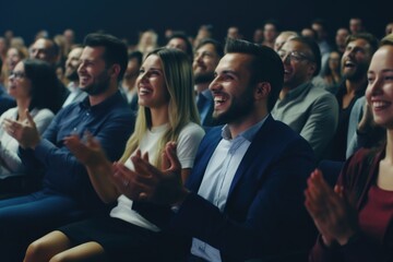 A group of people sitting in front of a large crowd. This image can be used to depict a variety of scenarios involving public speaking, presentations, conferences, or events - obrazy, fototapety, plakaty