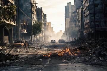 A city street filled with lots of rubble and debris. This image can be used to depict destruction,...
