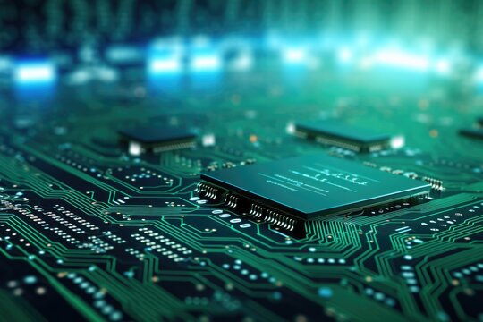A detailed view of a computer circuit board. This image can be used to illustrate technology, electronics, or computer-related concepts