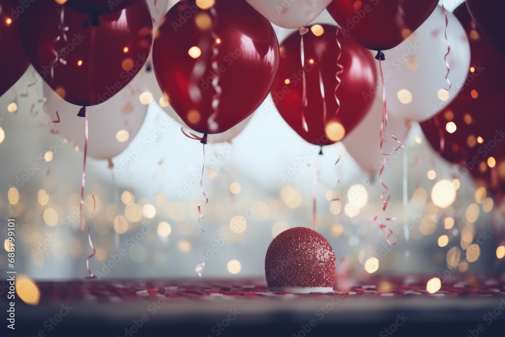 Aufkleber A collection of red and white balloons along with a red ball. Perfect for adding a festive touch to any celebration or event