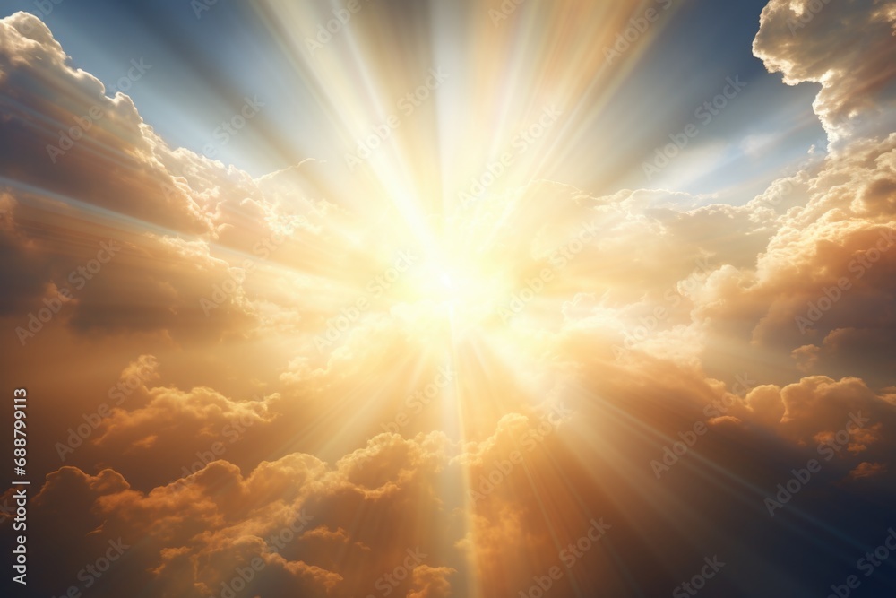 Poster sun shining brightly through the clouds. perfect for nature and weather-related designs