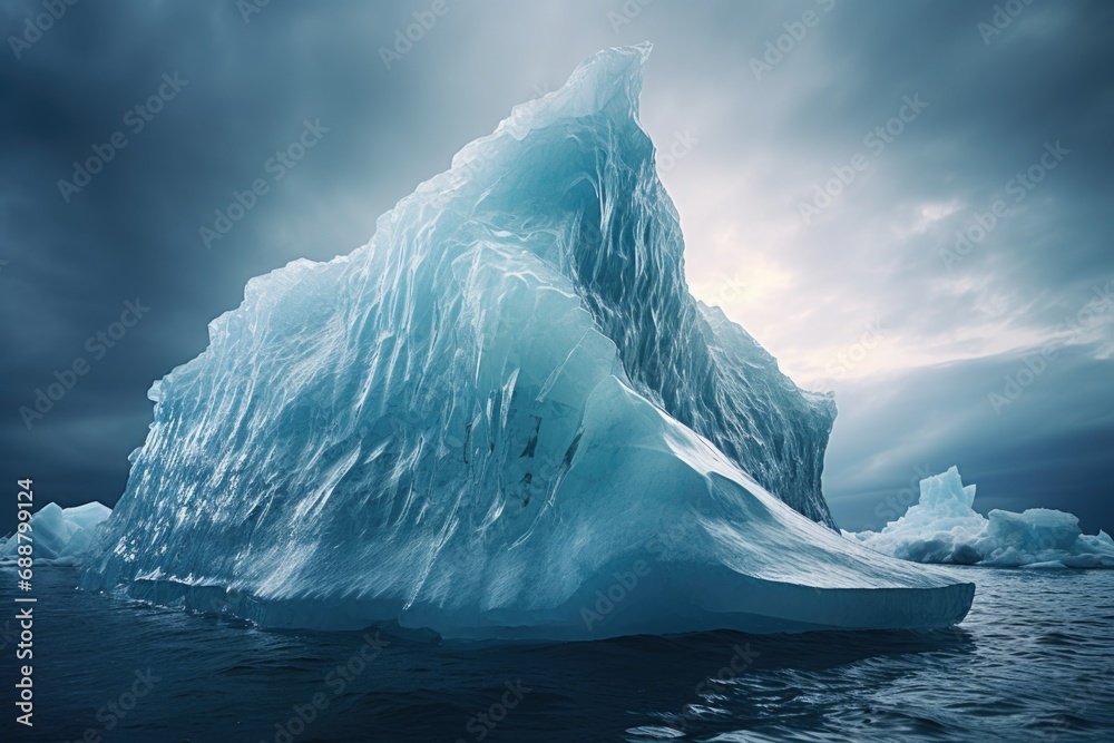 Poster An iceberg floating in the ocean under a cloudy sky. Suitable for nature and climate change concepts