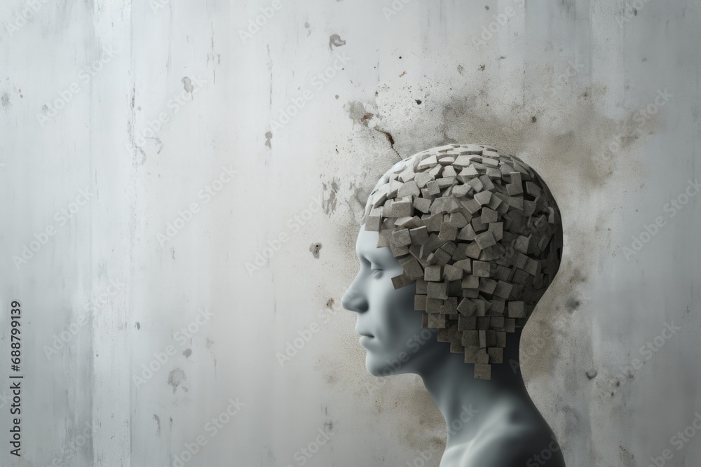 Poster A sculpture featuring a man with a head made of cubes. This unique artwork can be used to add an abstract touch to various projects