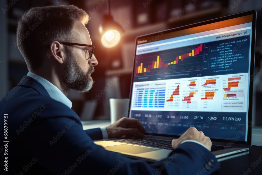 Poster A man in a suit is seen working on a laptop. This image can be used to depict a professional working environment