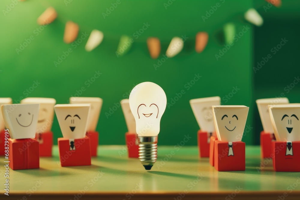 Poster A group of small light bulbs with cute faces drawn on them. Perfect for adding a touch of whimsy and personality to any project
