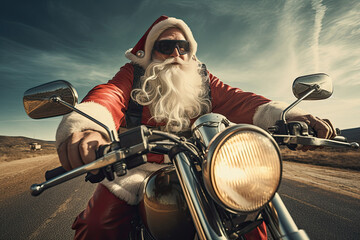 Motorcyclist Santa Claus, Father Christmas, Saint Nicholas, Saint Nick, Kris Kringle, motorbike, cyclist, motorcycle - obrazy, fototapety, plakaty