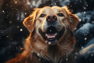 a dog during a snowfall. close-up portrait. a pet on a walk.